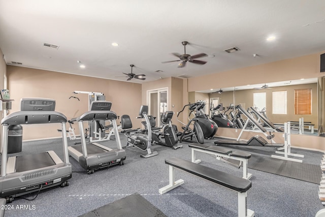 exercise room with ceiling fan