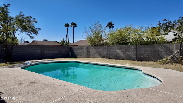 view of swimming pool with a fenced backyard, a fenced in pool, and a patio