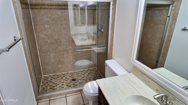 full bathroom featuring tile patterned flooring, a shower stall, toilet, and vanity