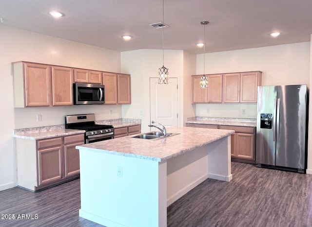 kitchen featuring stainless steel appliances, a sink, visible vents, hanging light fixtures, and light countertops