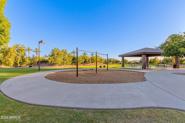 view of play area featuring a gazebo and a lawn