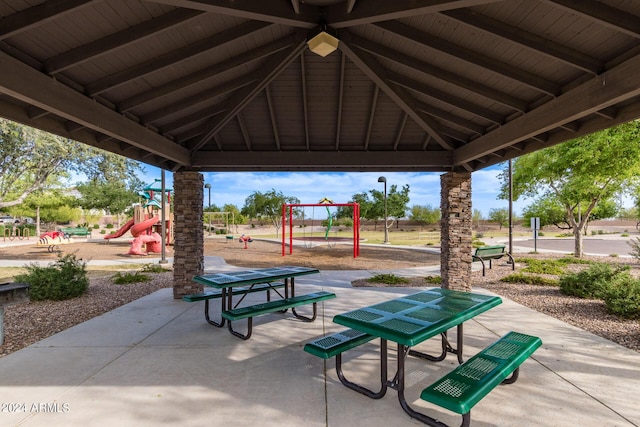 view of community featuring a gazebo and a playground