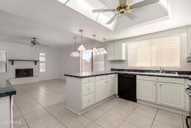 9857 W Tonto Ln, Peoria, AZ 85382 - kitchen featuring black dishwasher, ceiling fan, a peninsula, and dark countertops