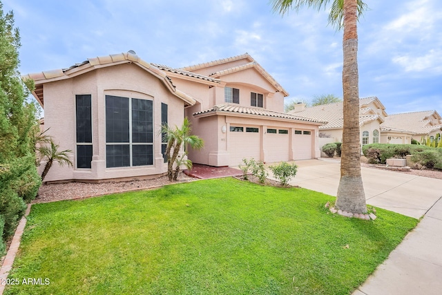 901 W Beck Ln, Phoenix, AZ 85023 - mediterranean / spanish house featuring driveway, a front yard, stucco siding, an attached garage, and a tiled roof