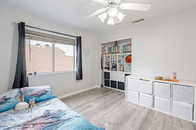 901 W Beck Ln, Phoenix, AZ 85023 - bedroom with light wood finished floors, baseboards, visible vents, and ceiling fan