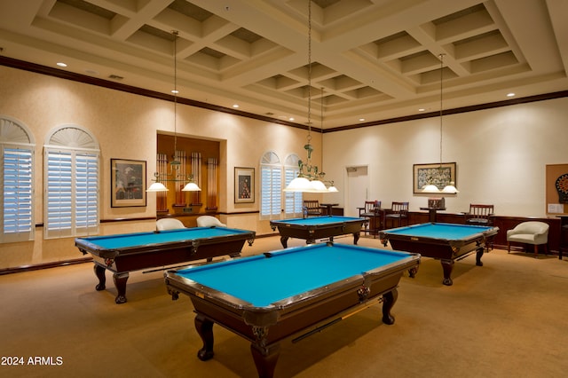 playroom featuring a high ceiling, coffered ceiling, and beamed ceiling