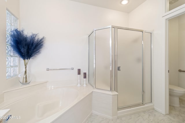 bathroom featuring a healthy amount of sunlight, toilet, and plus walk in shower