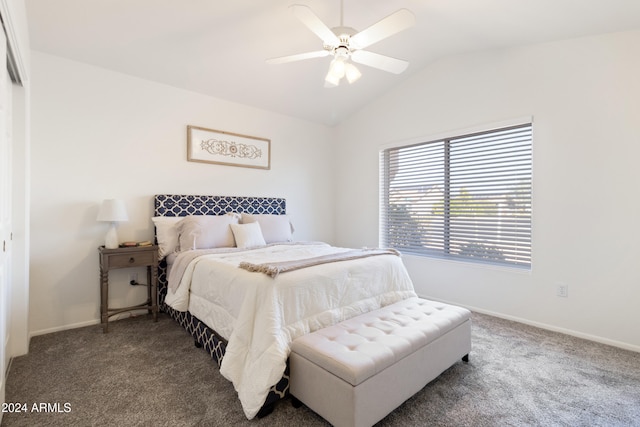 bedroom featuring carpet flooring, ceiling fan, and vaulted ceiling