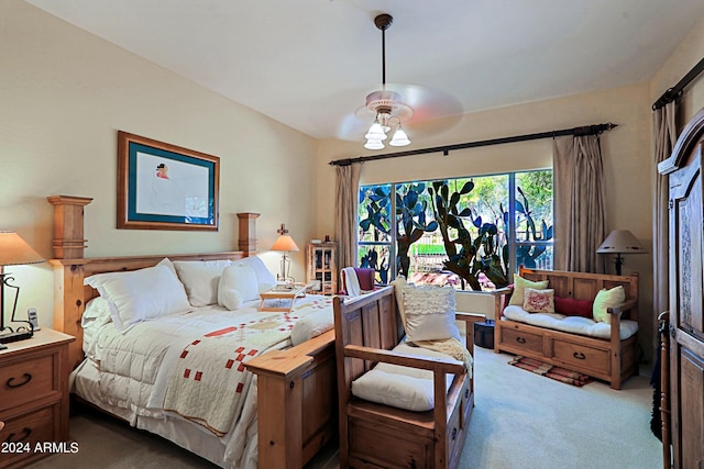 bedroom featuring ceiling fan and light colored carpet