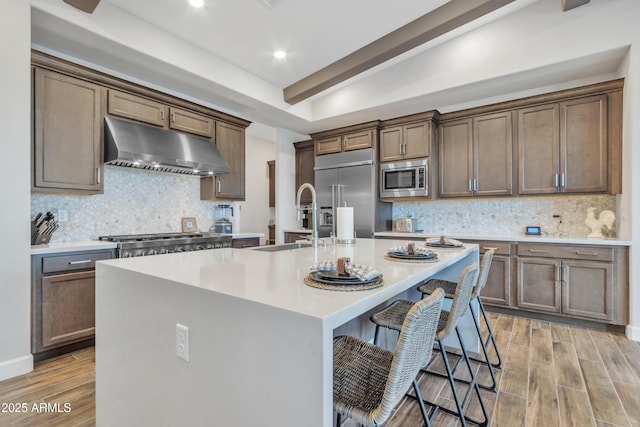 kitchen featuring a center island with sink, light wood-style floors, a sink, built in appliances, and under cabinet range hood