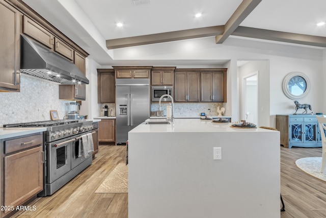 kitchen with built in appliances, lofted ceiling with beams, under cabinet range hood, a sink, and light wood finished floors