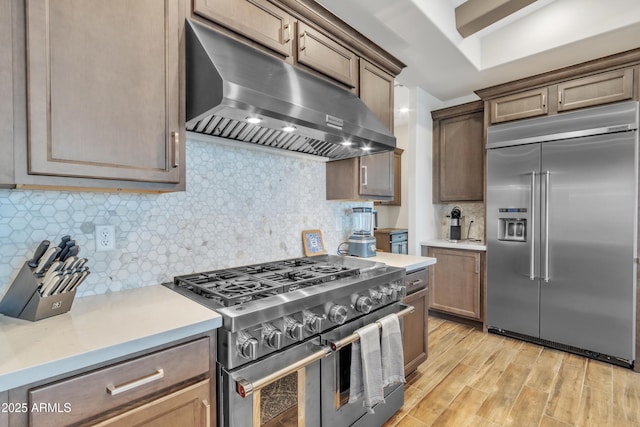 kitchen featuring high end appliances, light wood-type flooring, backsplash, and under cabinet range hood