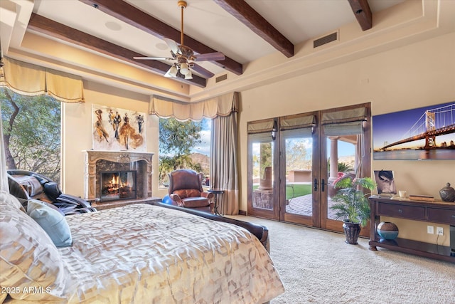 15956 E Tombstone Trl, Fountain Hills, AZ 85268 - bedroom featuring visible vents, access to outside, french doors, carpet floors, and a fireplace