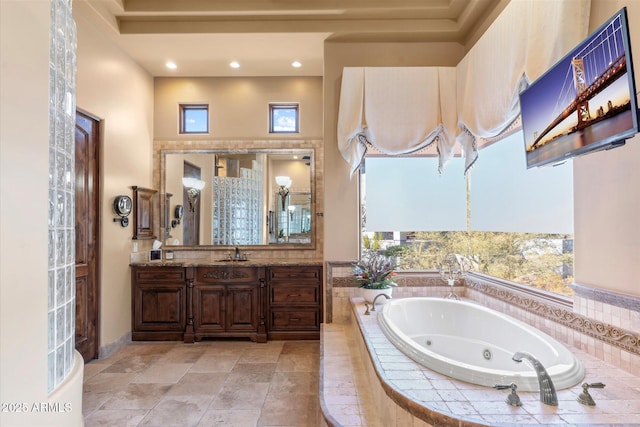 15956 E Tombstone Trl, Fountain Hills, AZ 85268 - bathroom featuring vanity, a wealth of natural light, recessed lighting, and a whirlpool tub