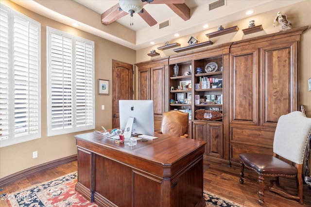 15956 E Tombstone Trl, Fountain Hills, AZ 85268 - office area featuring visible vents, a ceiling fan, and dark wood-style flooring