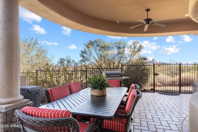 15956 E Tombstone Trl, Fountain Hills, AZ 85268 - view of patio / terrace with outdoor dining area, a grill, a ceiling fan, and fence