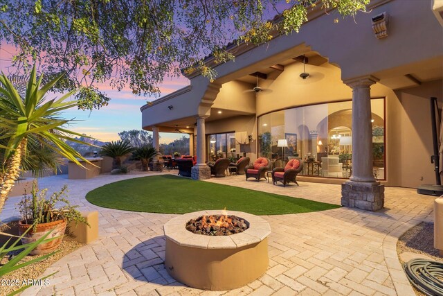 15956 E Tombstone Trl, Fountain Hills, AZ 85268 - view of patio / terrace with a fire pit and a ceiling fan