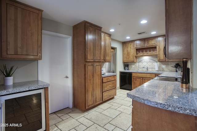 4008 N 85th St, Scottsdale, AZ 85251 - kitchen with wine cooler, dishwasher, recessed lighting, stone tile flooring, and open shelves