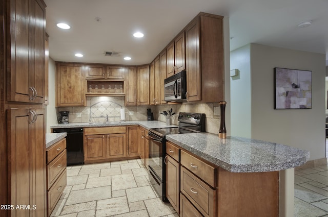 4008 N 85th St, Scottsdale, AZ 85251 - kitchen with black appliances, stone tile flooring, recessed lighting, a sink, and open shelves