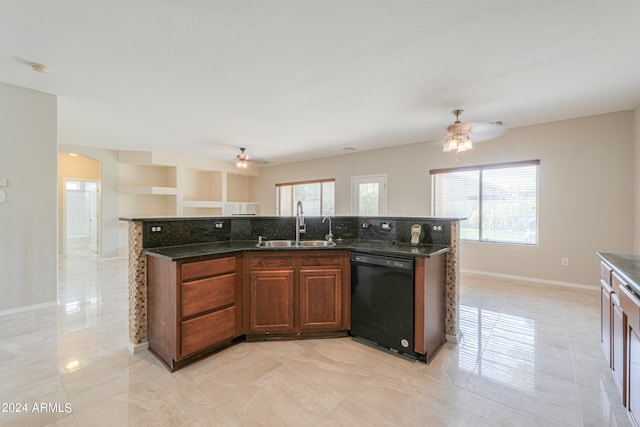 kitchen featuring ceiling fan, black dishwasher, and plenty of natural light