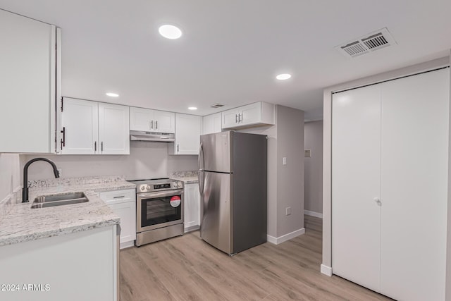 kitchen featuring light stone countertops, appliances with stainless steel finishes, sink, white cabinets, and light hardwood / wood-style floors