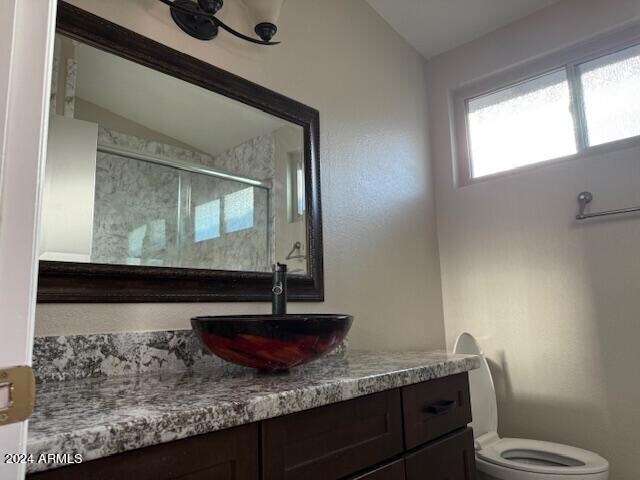 bathroom with vaulted ceiling, a shower with door, vanity, and toilet