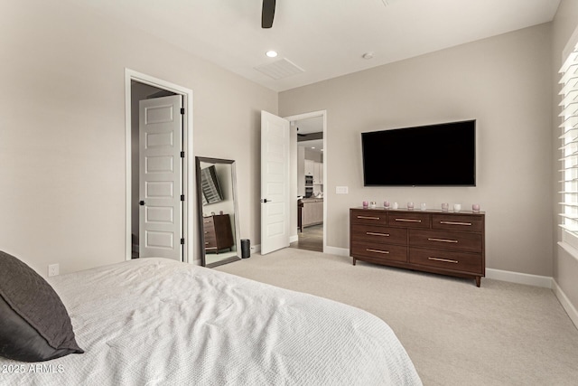 bedroom with recessed lighting, baseboards, light carpet, and a ceiling fan