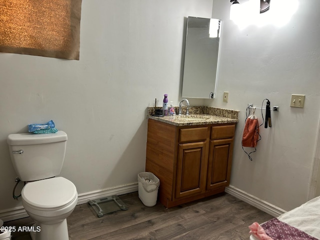 bathroom with wood-type flooring, toilet, and vanity