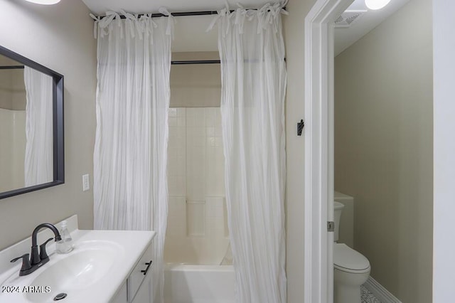 full bathroom with vanity, toilet, and shower / tub combo with curtain