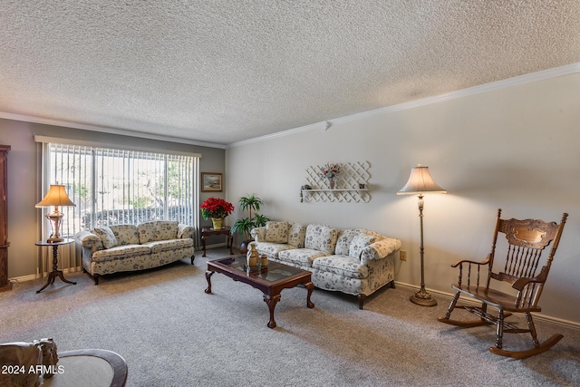 carpeted living room with crown molding and a textured ceiling