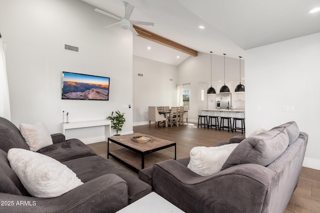 living room with high vaulted ceiling, beam ceiling, wood finished floors, and visible vents