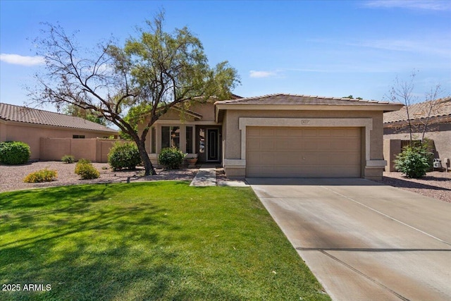 8237 W Alex Ave, Peoria, AZ 85382 - view of front of property with a front lawn, fence, stucco siding, an attached garage, and driveway