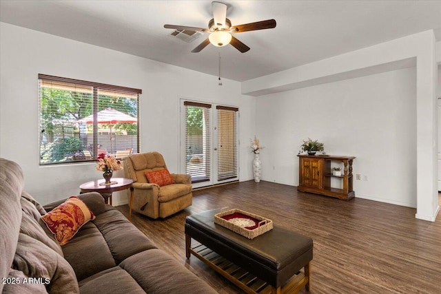 8237 W Alex Ave, Peoria, AZ 85382 - living area featuring a ceiling fan, wood finished floors, and visible vents