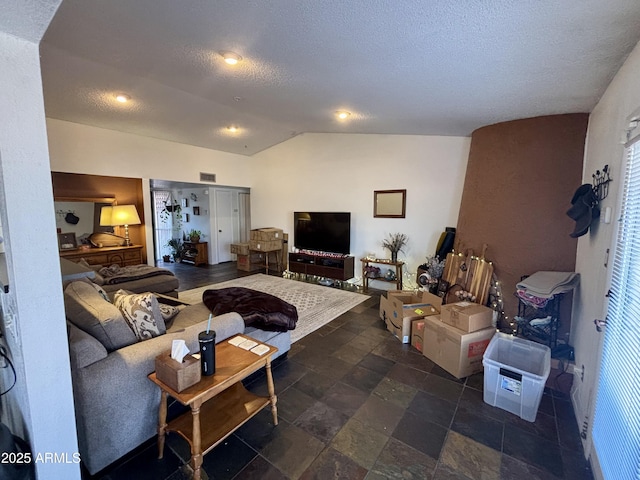 living room featuring vaulted ceiling and a textured ceiling