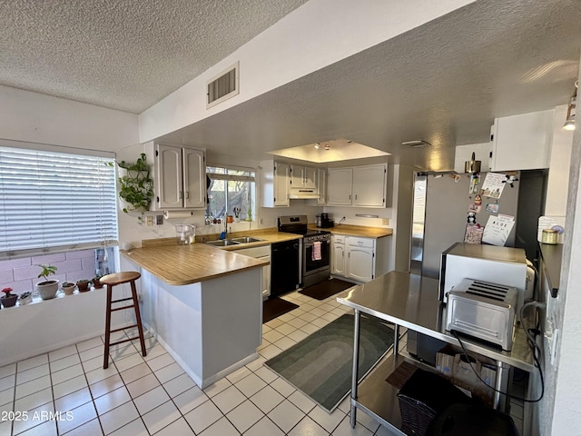 kitchen featuring electric stove, sink, a textured ceiling, white cabinets, and kitchen peninsula