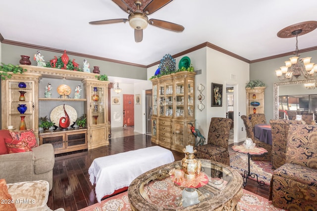 living room with crown molding, hardwood / wood-style flooring, and ceiling fan with notable chandelier