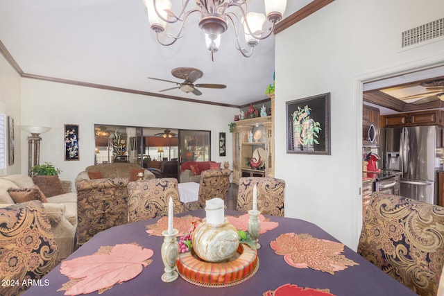 dining area with ornamental molding and ceiling fan with notable chandelier