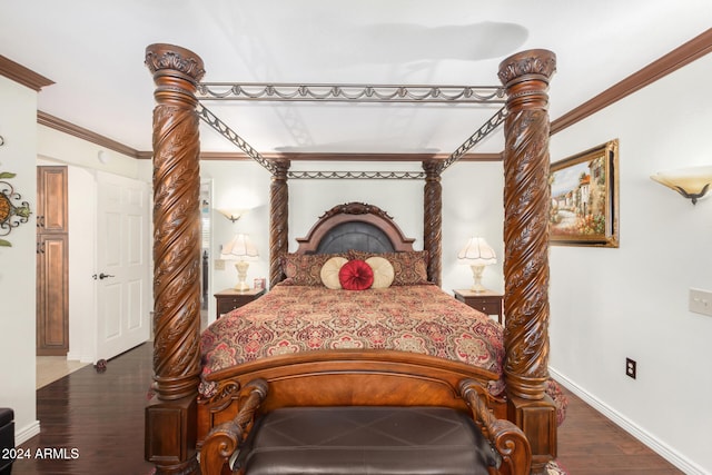 bedroom featuring crown molding and dark hardwood / wood-style floors