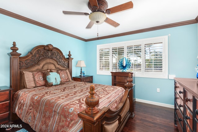 bedroom featuring crown molding, ceiling fan, and dark hardwood / wood-style flooring