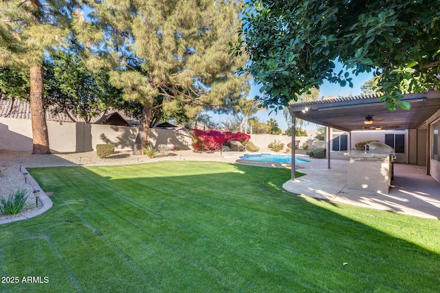 view of yard with a fenced in pool, a patio area, ceiling fan, and exterior kitchen