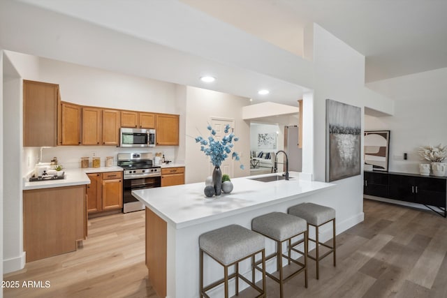 1029 E Ian Dr, Phoenix, AZ 85042 - kitchen with appliances with stainless steel finishes, a sink, a kitchen bar, light wood-type flooring, and light countertops