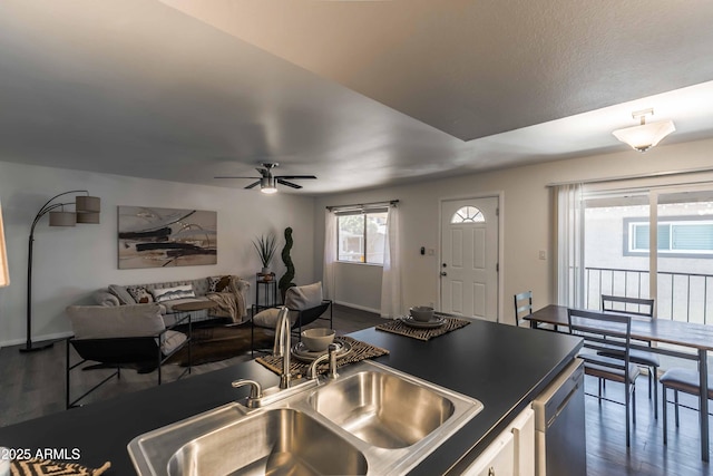 kitchen featuring sink, ceiling fan, a healthy amount of sunlight, and dark hardwood / wood-style flooring