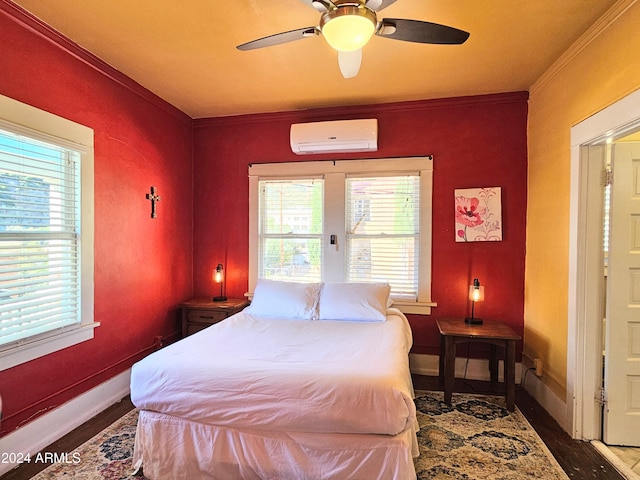 bedroom with a wall mounted air conditioner, multiple windows, ornamental molding, and ceiling fan