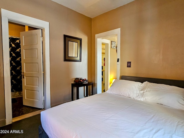 bedroom featuring a closet, a spacious closet, and dark colored carpet