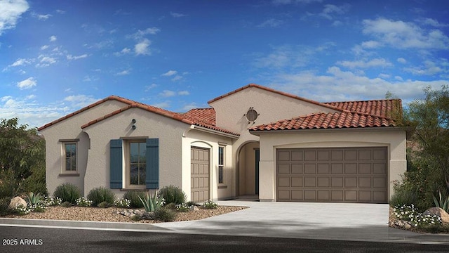20705 W San Miguel Ave, Buckeye, AZ 85396 - mediterranean / spanish home with a tile roof, concrete driveway, a garage, and stucco siding