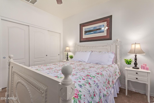 bedroom featuring a closet, carpet, and a ceiling fan