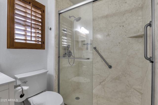 bathroom featuring toilet, a stall shower, and vanity