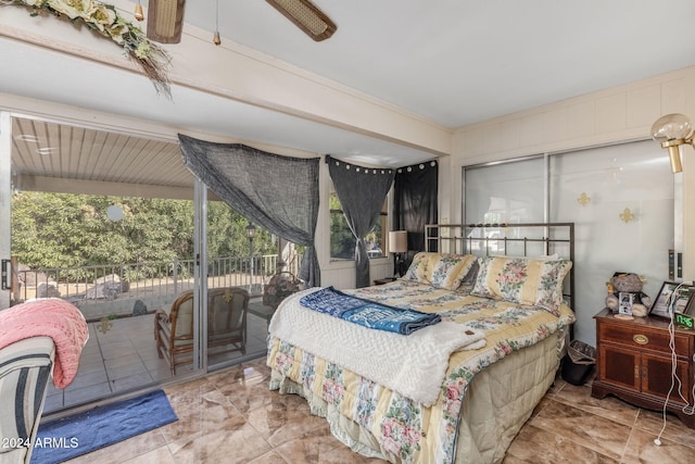 bedroom featuring access to outside and ceiling fan