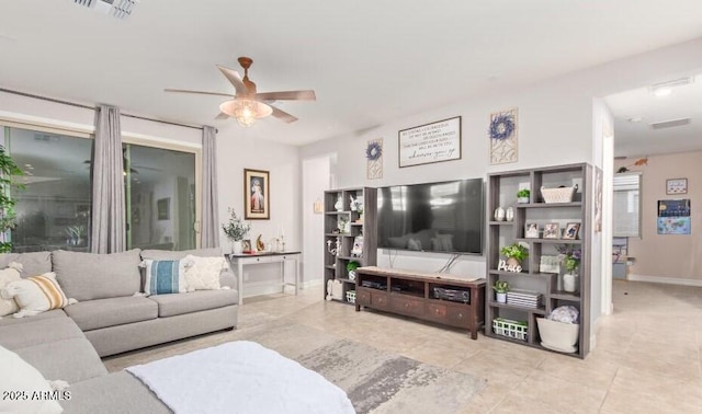 living room with ceiling fan