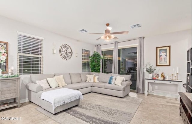 living room with ceiling fan